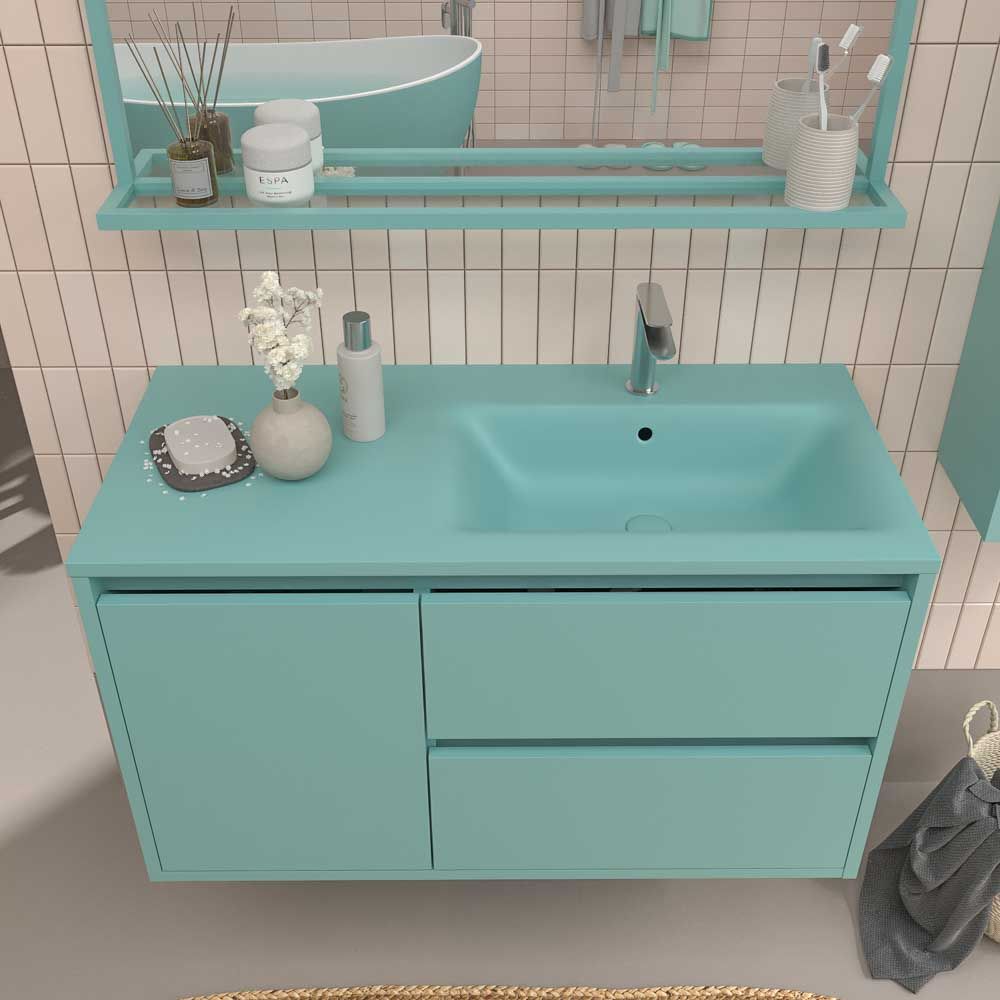 Mueble de baño suspendido 2 cajones / 1 puerta CLAIRE con lavabo Solid Surface TURQUESA - Imagen 7