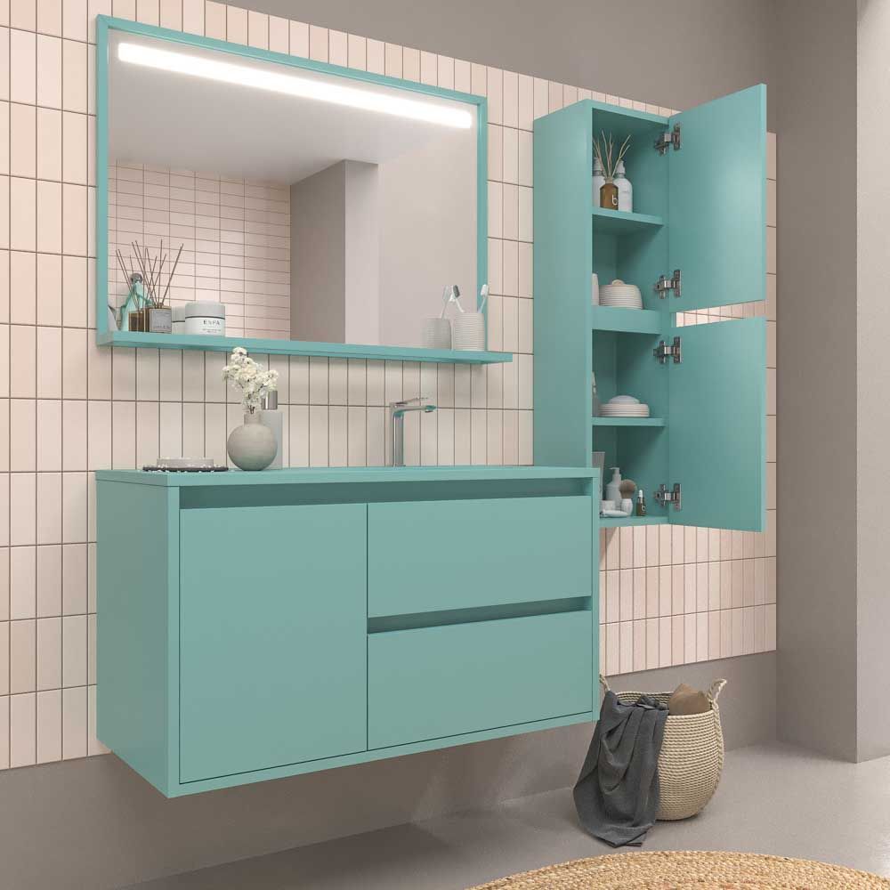 Mueble de baño suspendido 2 cajones / 1 puerta CLAIRE con lavabo Solid Surface TURQUESA - Imagen 6