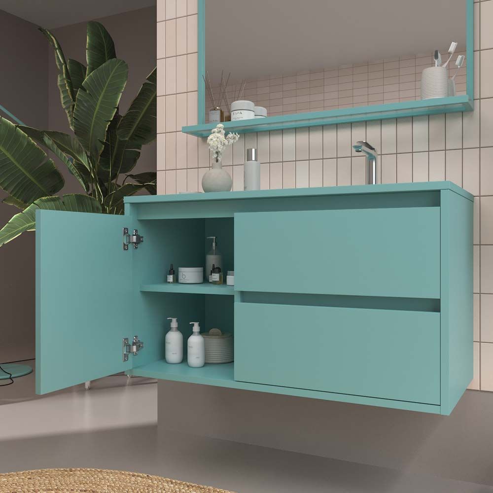 Mueble de baño suspendido 2 cajones / 1 puerta CLAIRE con lavabo Solid Surface TURQUESA - Imagen 5