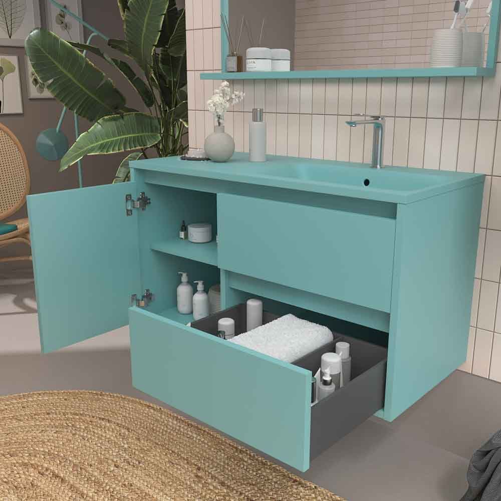 Mueble de baño suspendido 2 cajones / 1 puerta CLAIRE con lavabo Solid Surface TURQUESA - Imagen 4