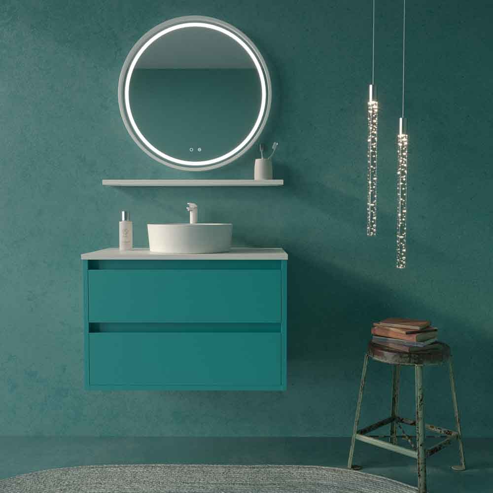 Mueble de baño suspendido 2 cajones CLAIRE con lavabo Solid Surface AZUL TURQUESA
