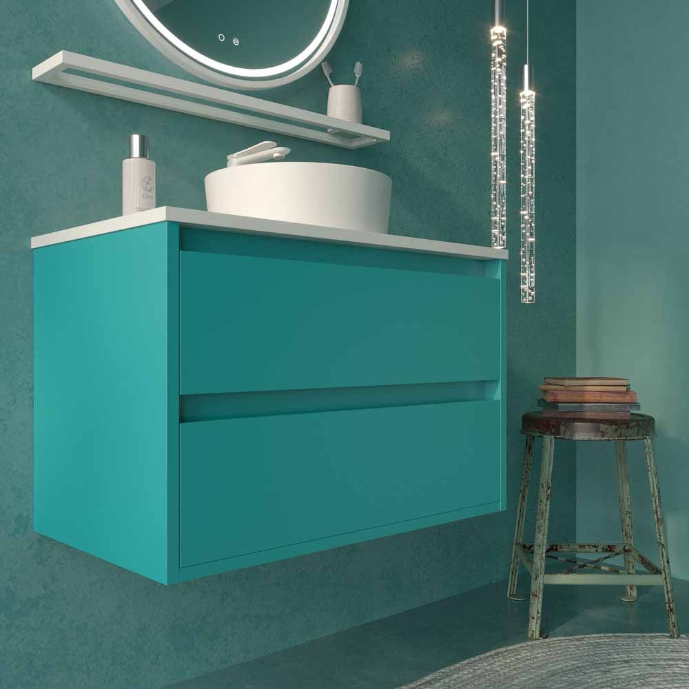 Mueble de baño suspendido 2 cajones CLAIRE con lavabo Solid Surface AZUL TURQUESA - Imagen 2