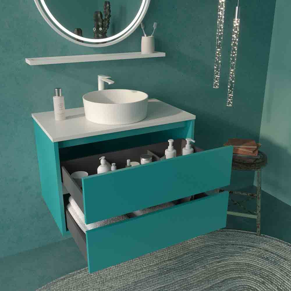 Mueble de baño suspendido 2 cajones CLAIRE con lavabo Solid Surface AZUL TURQUESA - Imagen 6