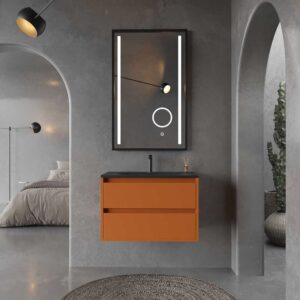 Mueble de baño suspendido 2 cajones CLAIRE con lavabo Solid Surface PARDO ANARANJADO