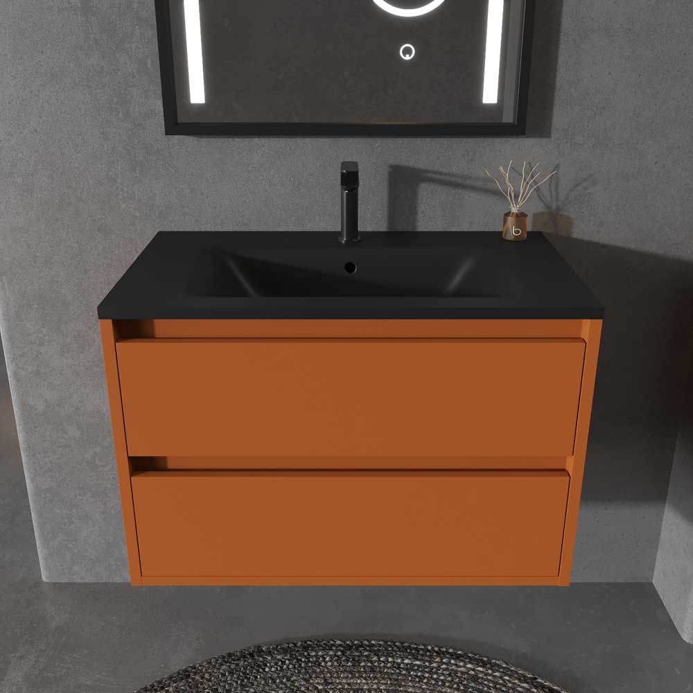 Mueble de baño suspendido 2 cajones CLAIRE con lavabo Solid Surface PARDO ANARANJADO - Imagen 4
