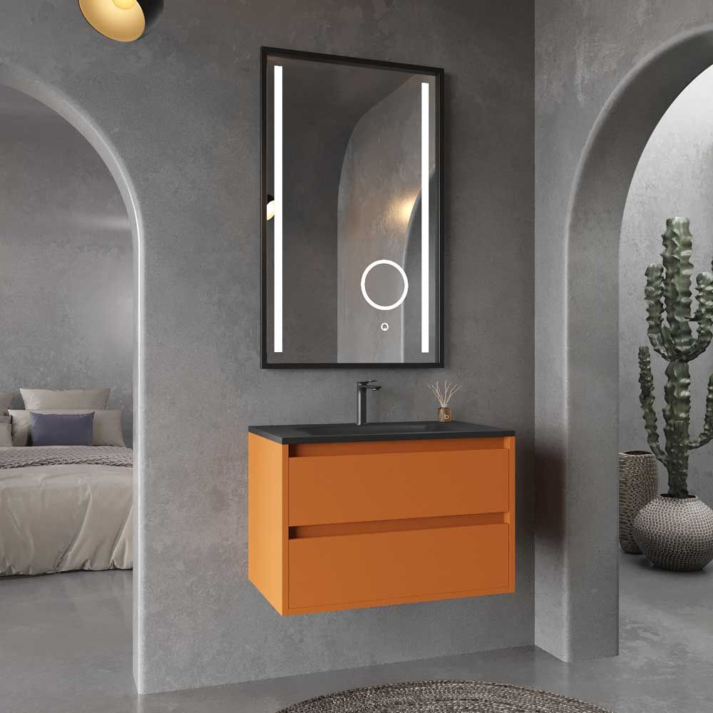 Mueble de baño suspendido 2 cajones CLAIRE con lavabo Solid Surface PARDO ANARANJADO - Imagen 3