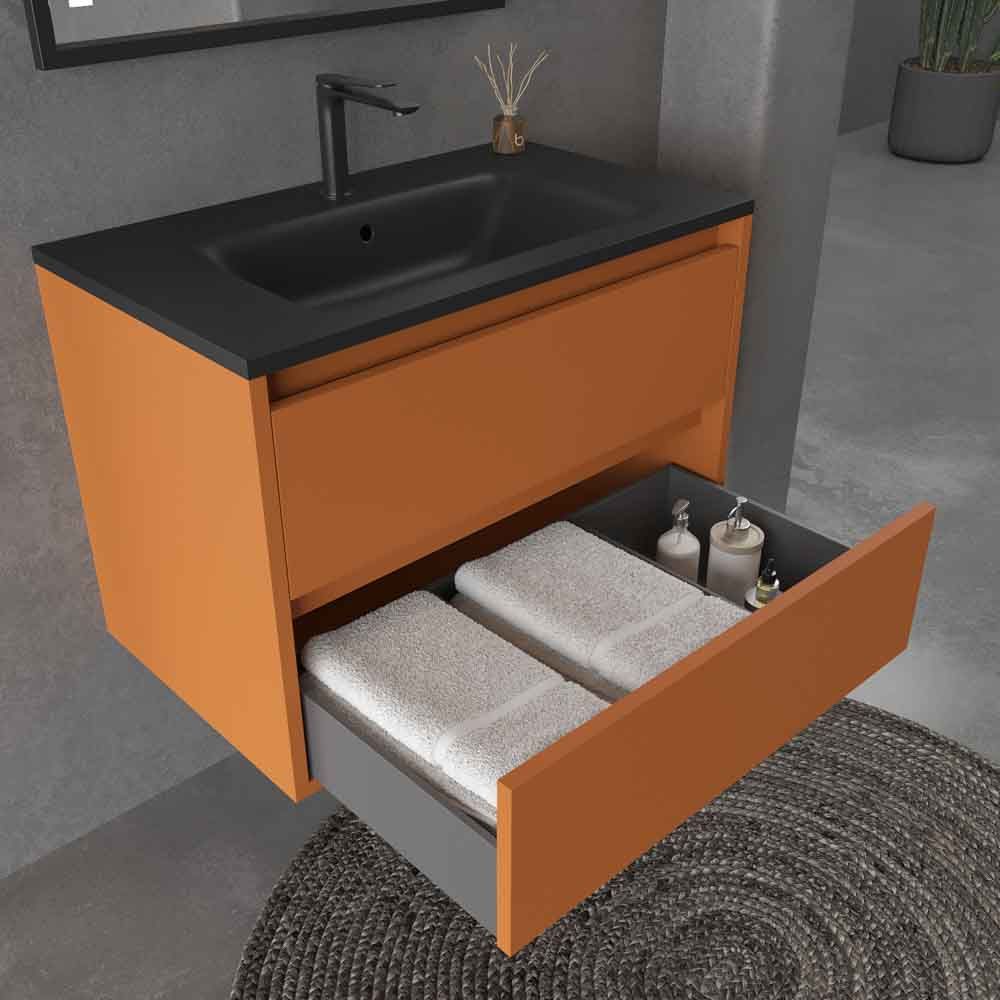 Mueble de baño suspendido 2 cajones CLAIRE con lavabo Solid Surface PARDO ANARANJADO - Imagen 6