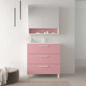 Mueble de baño con patas NEXO 3 cajones fondo reducido 40 cm lacado mate con lavabo porcelana ROSA PALO