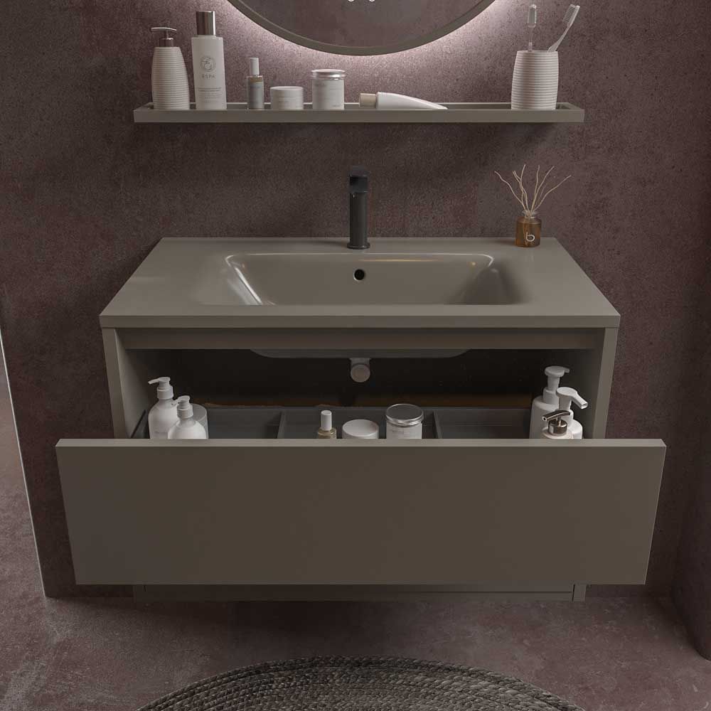 Mueble de baño suspendido 2 cajones CLAIRE con lavabo Solid Surface GRIS CUARZO - Imagen 3