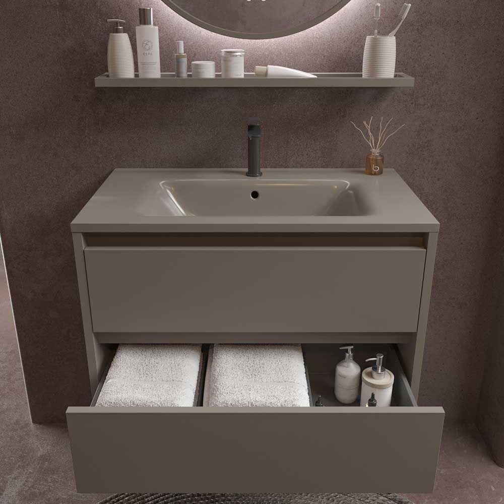 Mueble de baño suspendido 2 cajones CLAIRE con lavabo Solid Surface GRIS CUARZO - Imagen 2