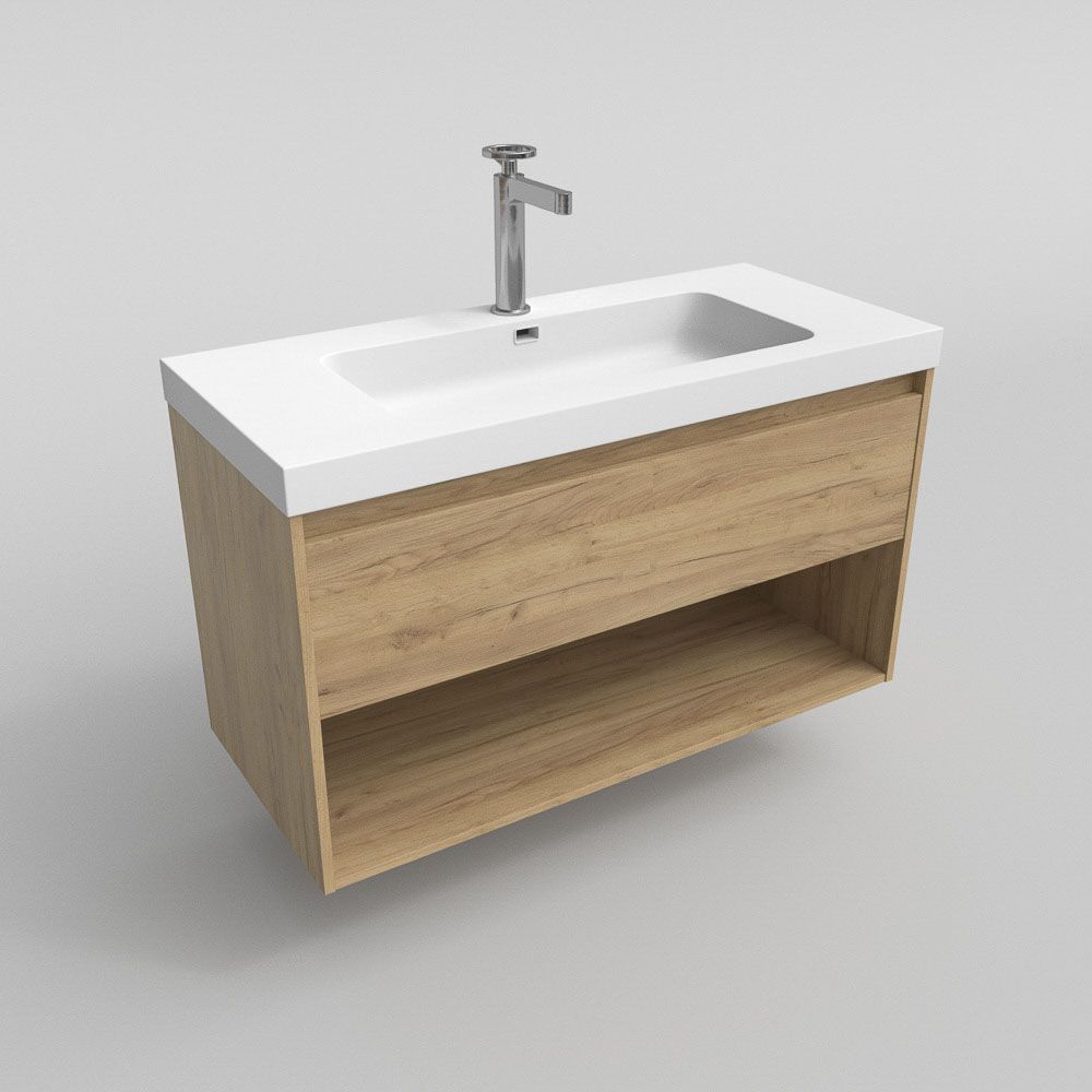 Mueble de baño suspendido 1 cajón / 1 hueco CARMEN con lavabo resina acabado ROBLE CLARO - Imagen 3