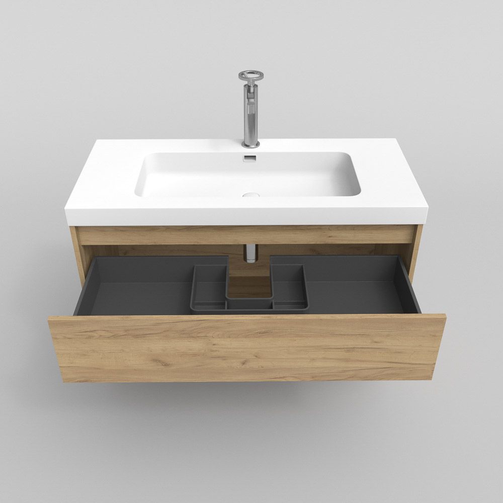 Mueble de baño suspendido 1 cajón / 1 hueco CARMEN con lavabo resina acabado ROBLE CLARO - Imagen 5