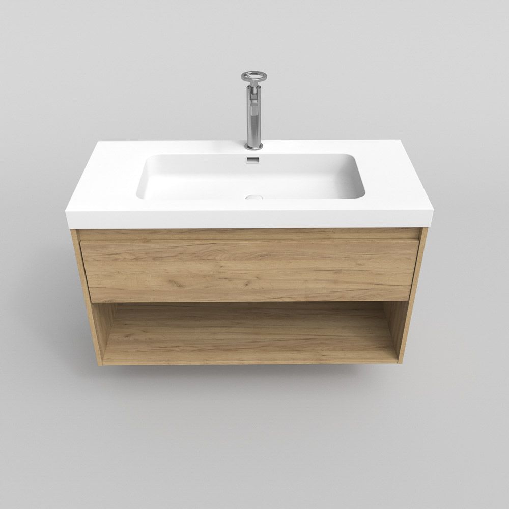 Mueble de baño suspendido 1 cajón / 1 hueco CARMEN con lavabo resina acabado ROBLE CLARO - Imagen 4