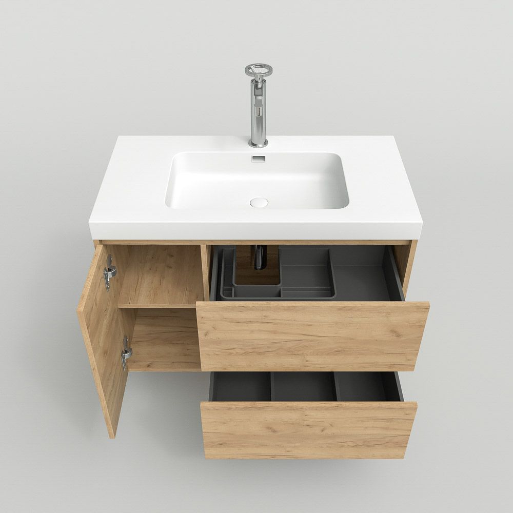 Mueble de baño suspendido 2 cajones / 1 puerta CARMEN con lavabo resina acabado ROBLE CLARO - Imagen 7