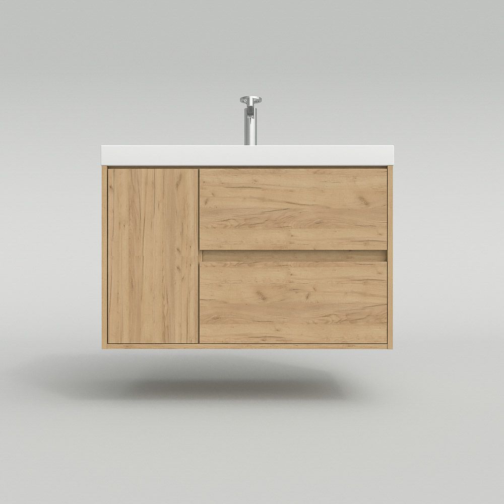 Mueble de baño suspendido 2 cajones / 1 puerta CARMEN con lavabo resina acabado ROBLE CLARO - Imagen 10