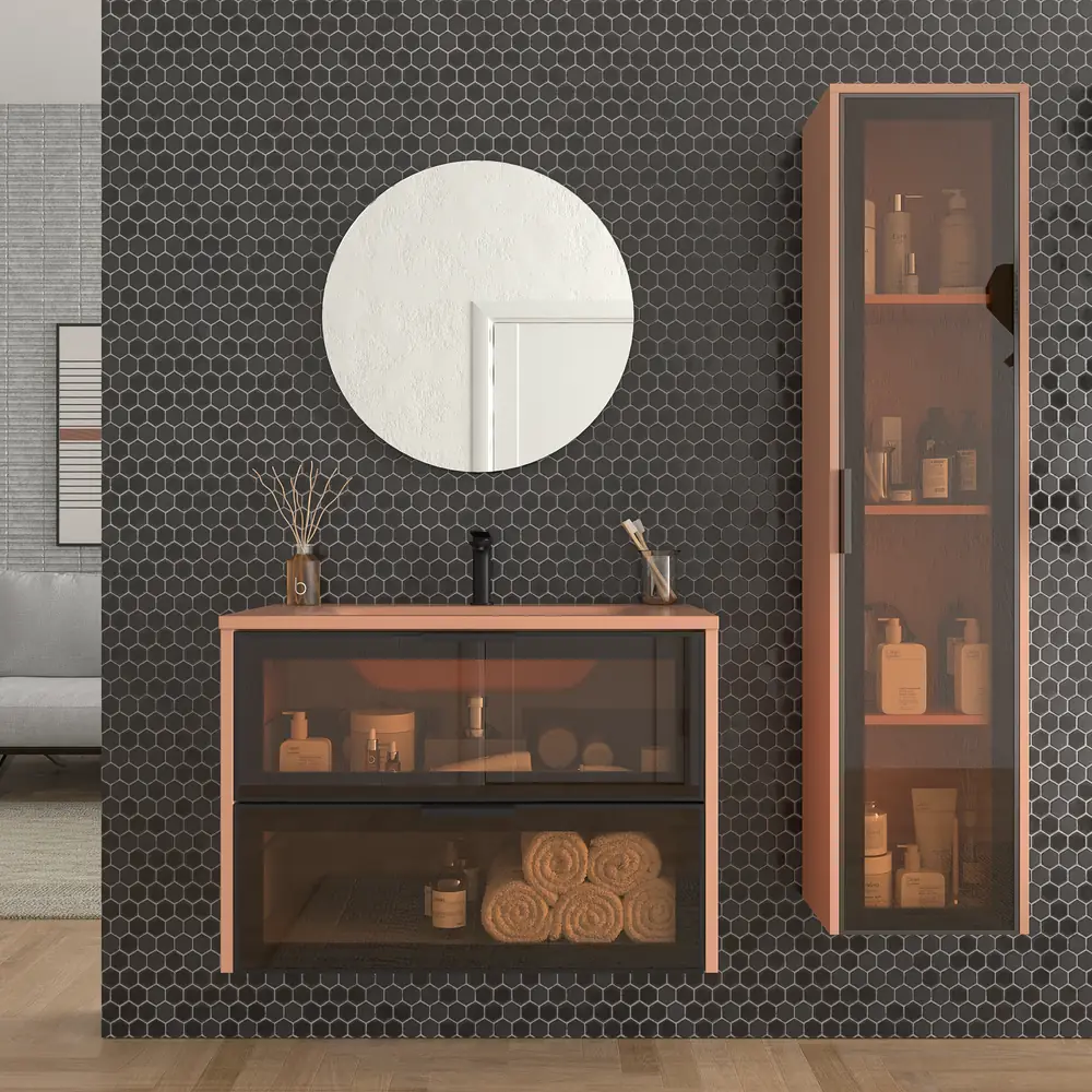 Mueble de baño suspendido 2 cajones frente cristal gris BETA con lavabo Solid Surface ROJO BEIGE - Imagen 6