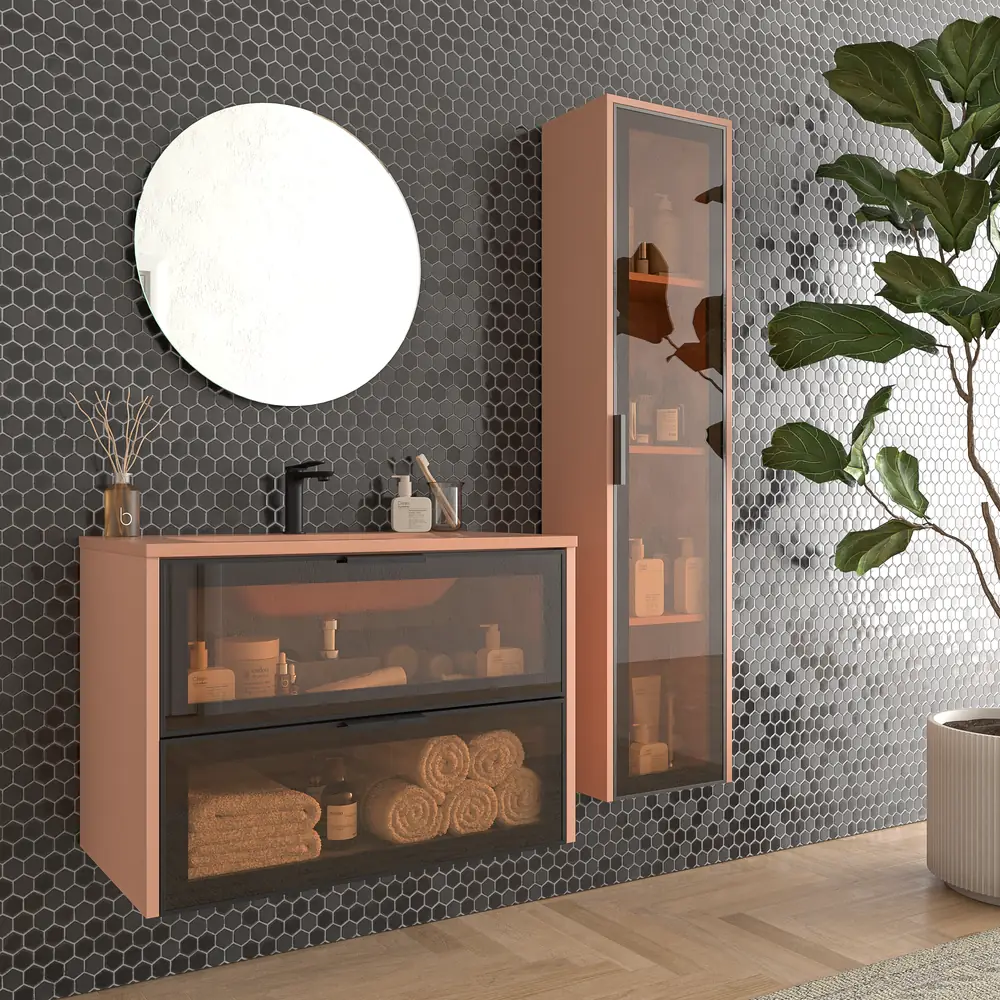 Mueble de baño suspendido 2 cajones frente cristal gris BETA con lavabo Solid Surface ROJO BEIGE