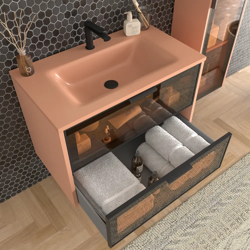 Mueble de baño suspendido 2 cajones frente cristal gris BETA con lavabo Solid Surface ROJO BEIGE - Imagen 5