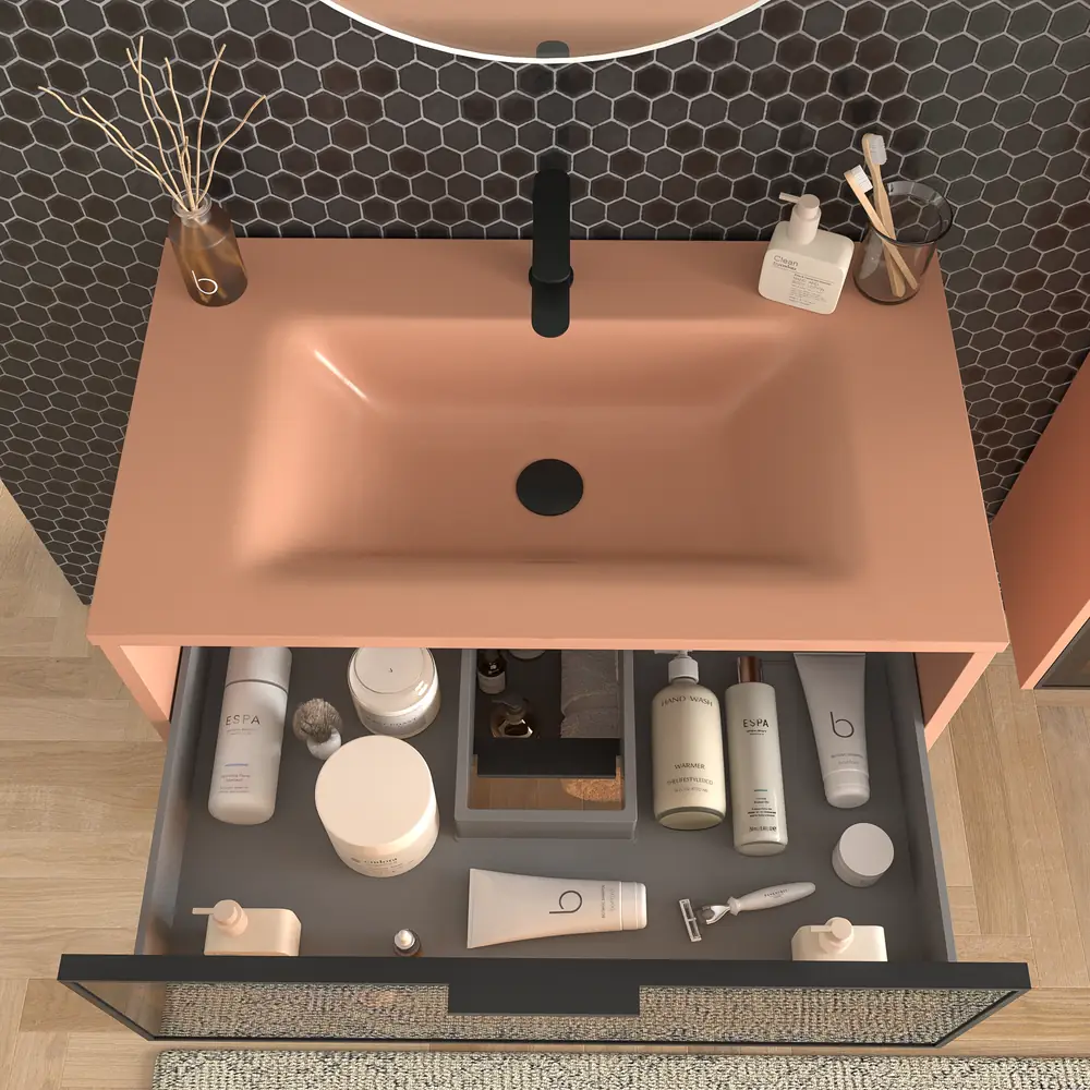 Mueble de baño suspendido 2 cajones frente cristal gris BETA con lavabo Solid Surface ROJO BEIGE - Imagen 4