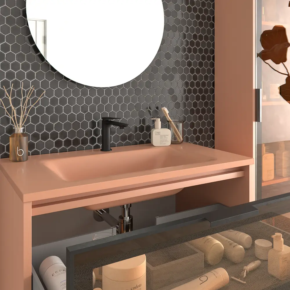 Mueble de baño suspendido 2 cajones frente cristal gris BETA con lavabo Solid Surface ROJO BEIGE - Imagen 3