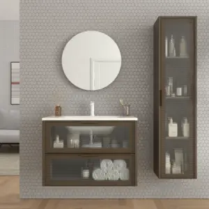 Mueble de baño suspendido 2 cajones frente cristal acanalado BETA  con lavabo Solid Surface MARRON TERRA