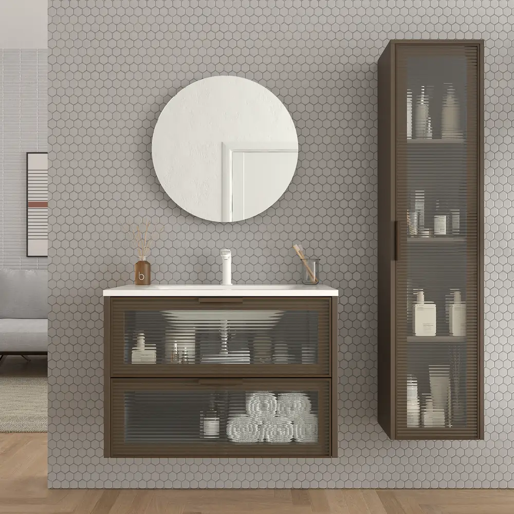 Mueble de baño suspendido 2 cajones frente cristal acanalado BETA con lavabo Solid Surface MARRON TERRA
