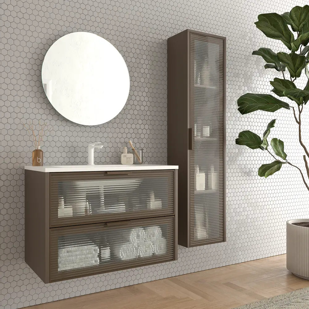 Mueble de baño suspendido 2 cajones frente cristal acanalado BETA con lavabo Solid Surface MARRON TERRA - Imagen 6