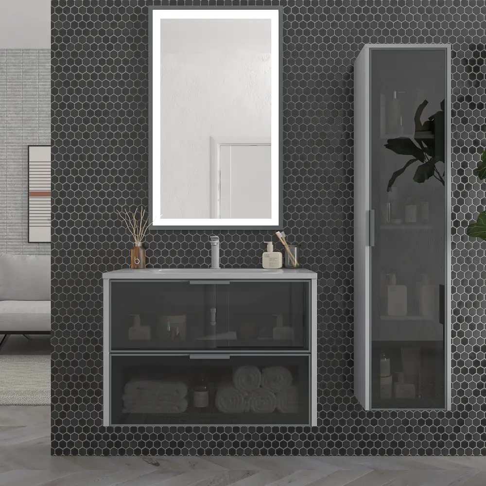 Mueble de baño suspendido 2 cajones frente cristal gris BETA con lavabo Solid Surface GRIS SEÑAL - Imagen 5