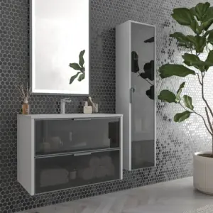 Mueble de baño suspendido 2 cajones frente cristal gris  BETA  con lavabo Solid Surface GRIS SEÑAL