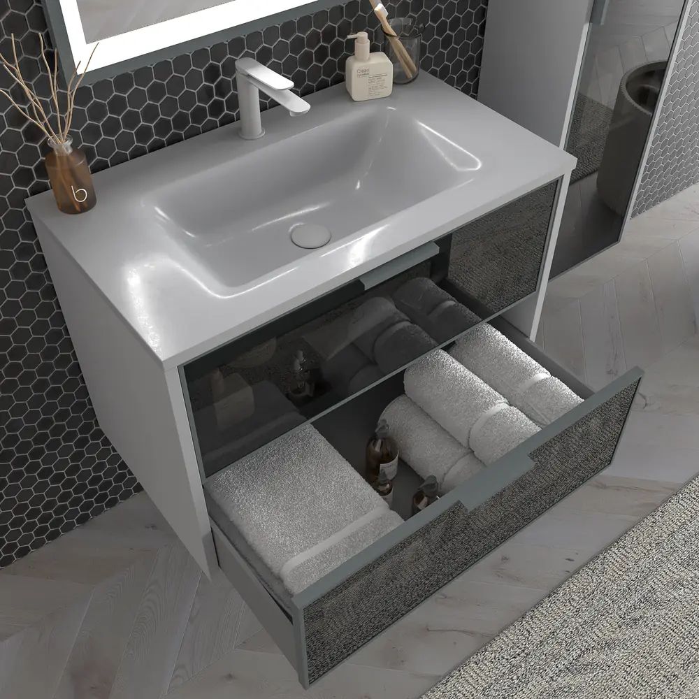 Mueble de baño suspendido 2 cajones frente cristal gris BETA con lavabo Solid Surface GRIS SEÑAL - Imagen 4