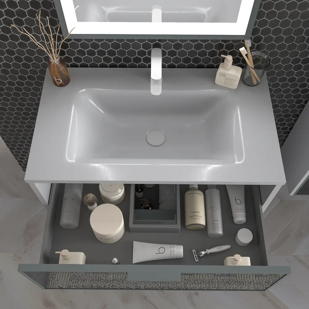 Mueble de baño suspendido 2 cajones frente cristal gris BETA con lavabo Solid Surface GRIS SEÑAL - Imagen 2
