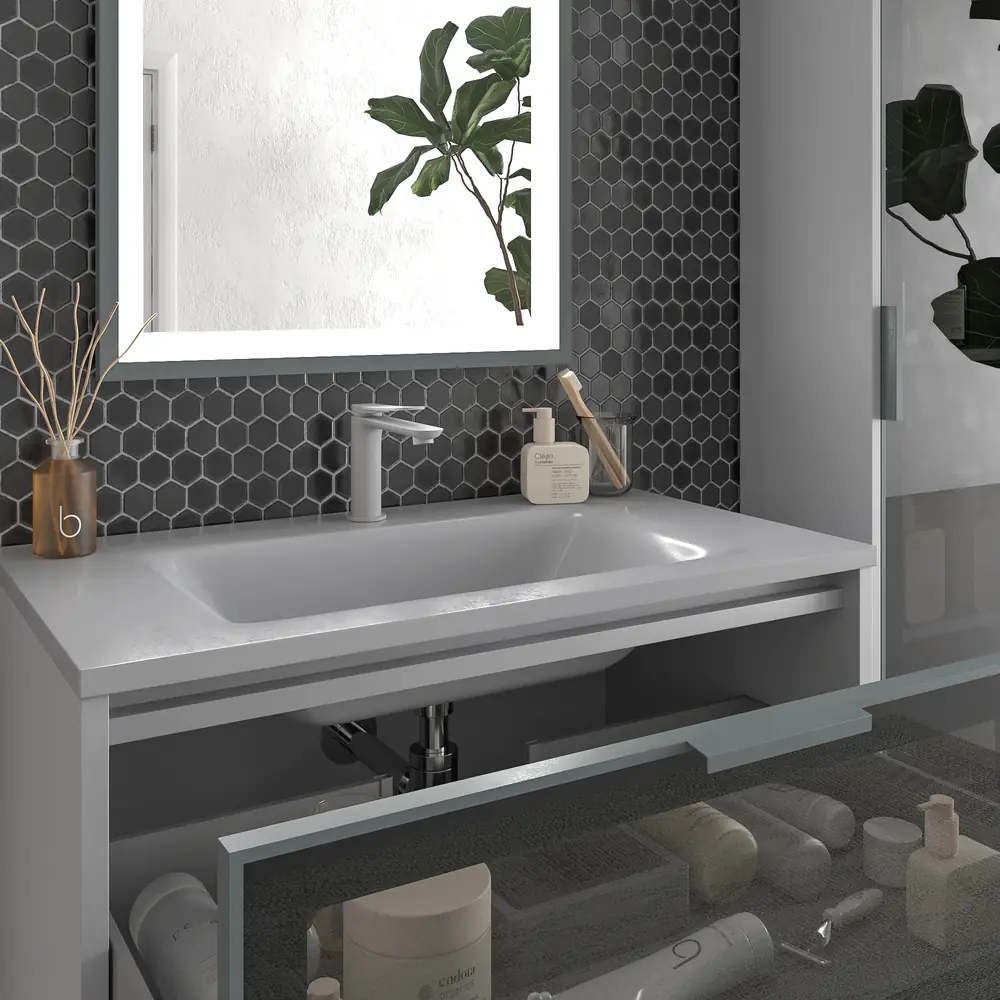Mueble de baño suspendido 2 cajones frente cristal gris BETA con lavabo Solid Surface GRIS SEÑAL - Imagen 6