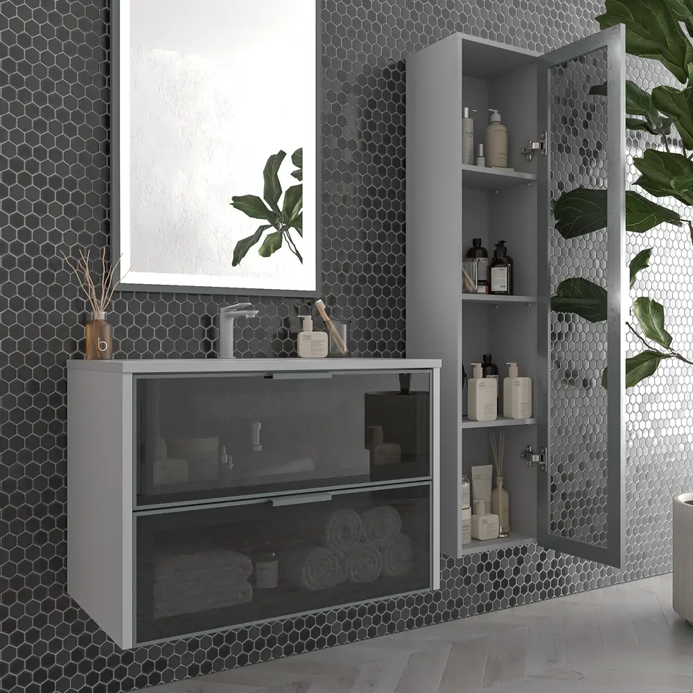 Mueble de baño suspendido 2 cajones frente cristal gris BETA con lavabo Solid Surface GRIS SEÑAL - Imagen 3