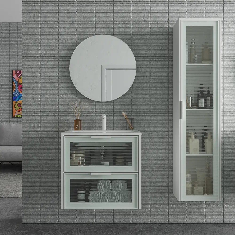 Mueble de baño suspendido 2 cajones frente cristal acanalado BETA con lavabo Solid Surface BLANCO