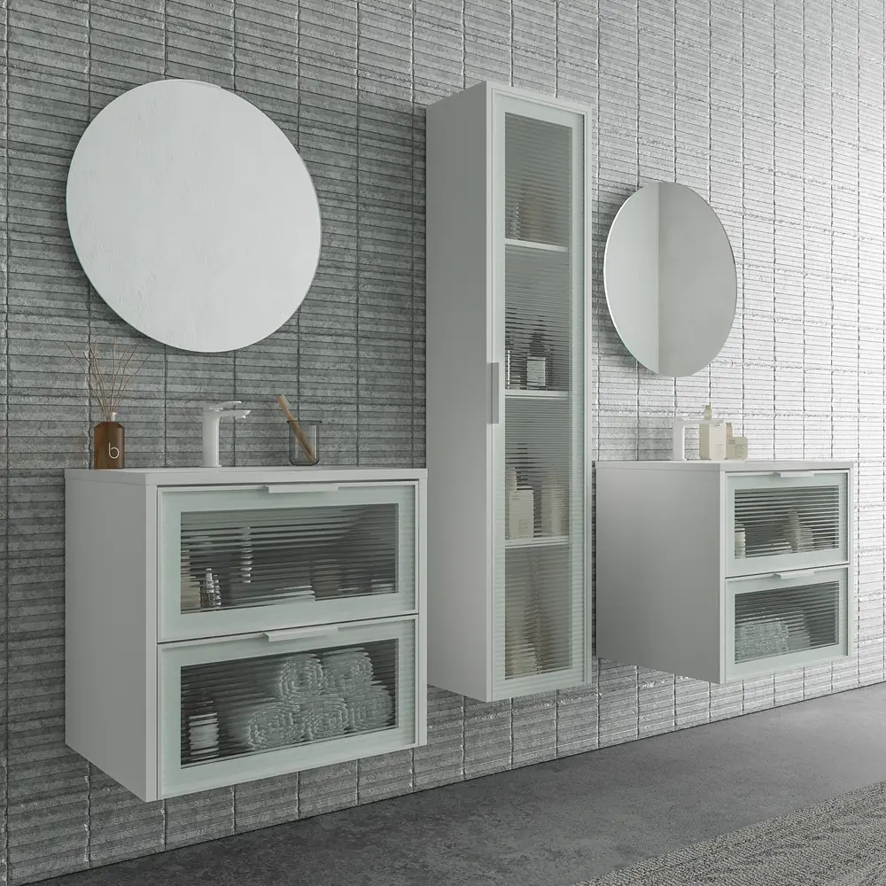 Mueble de baño suspendido 2 cajones frente cristal acanalado BETA con lavabo Solid Surface BLANCO - Imagen 3