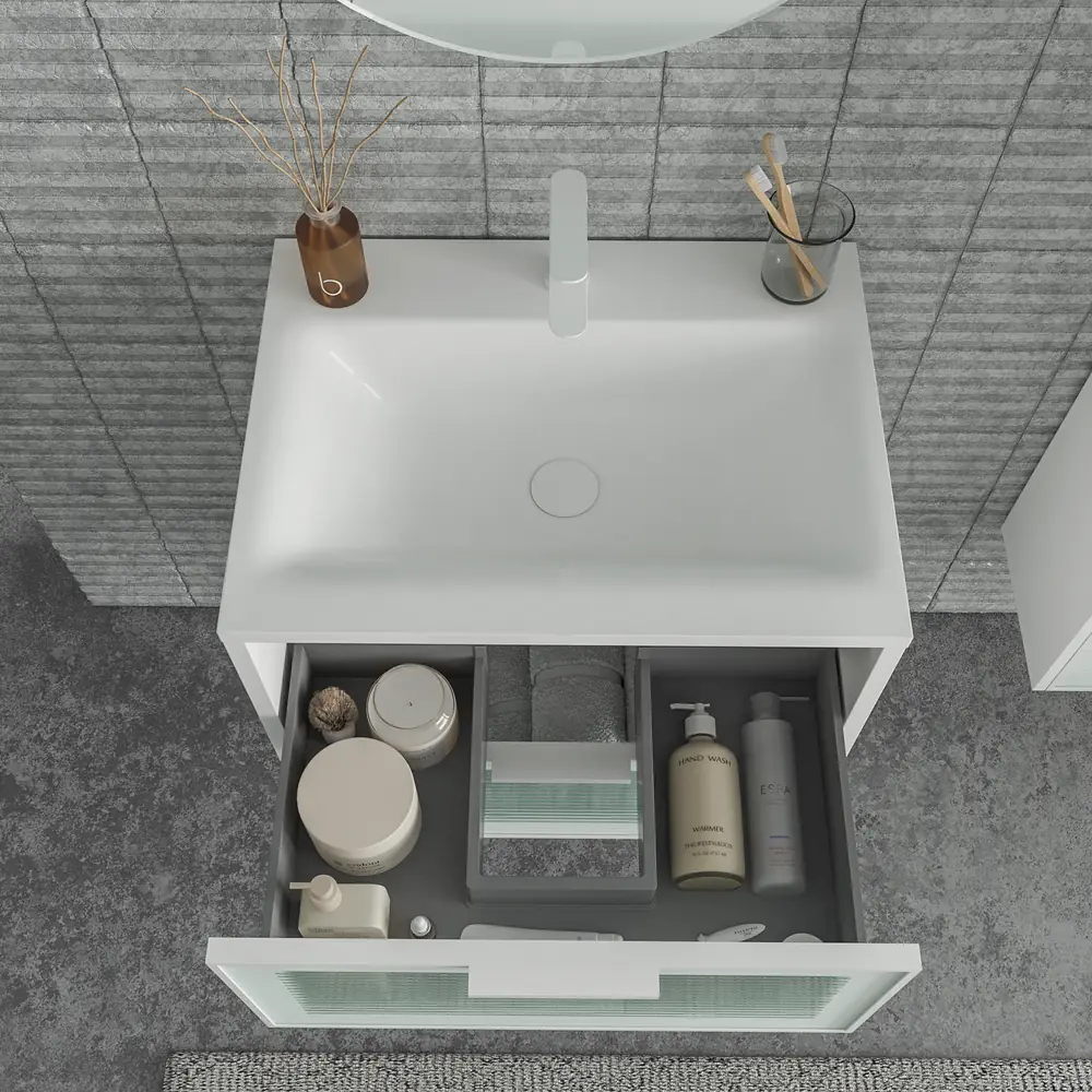 Mueble de baño suspendido 2 cajones frente cristal acanalado BETA con lavabo Solid Surface BLANCO - Imagen 2