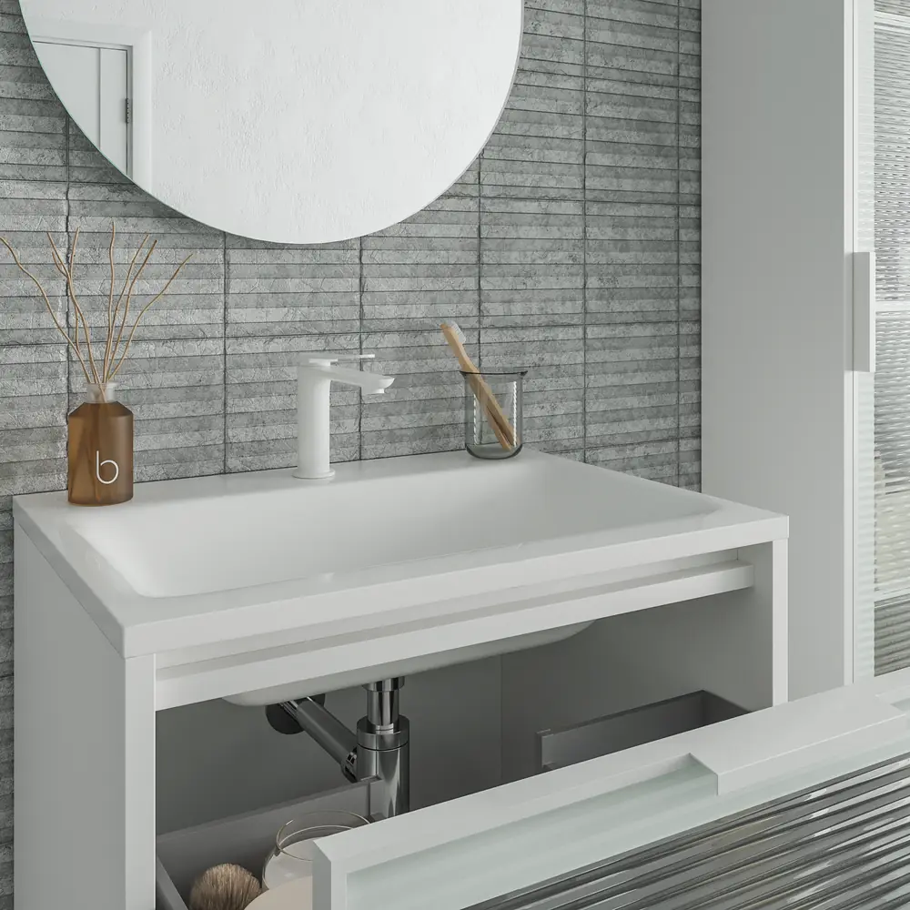 Mueble de baño suspendido 2 cajones frente cristal acanalado BETA con lavabo Solid Surface BLANCO - Imagen 5