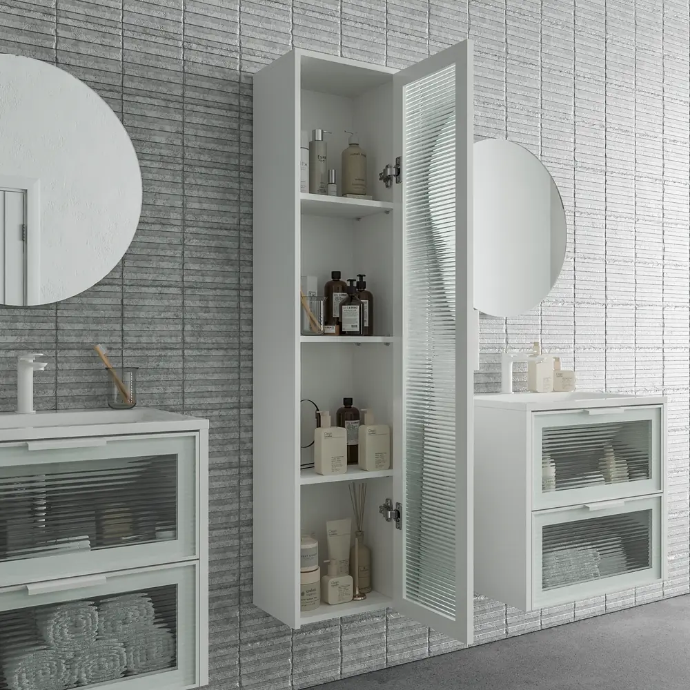 Mueble de baño suspendido 2 cajones frente cristal acanalado BETA con lavabo Solid Surface BLANCO - Imagen 4