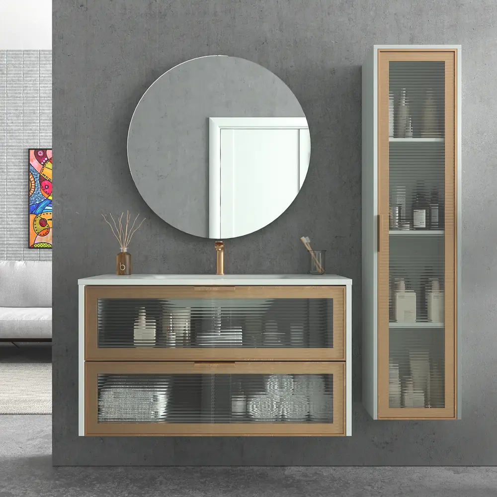 Mueble de baño suspendido 2 cajones frente cristal acanalado BETA con lavabo Solid Surface GRIS