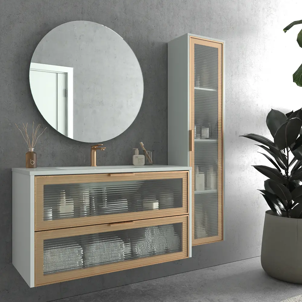 Mueble de baño suspendido 2 cajones frente cristal acanalado BETA con lavabo Solid Surface GRIS - Imagen 5