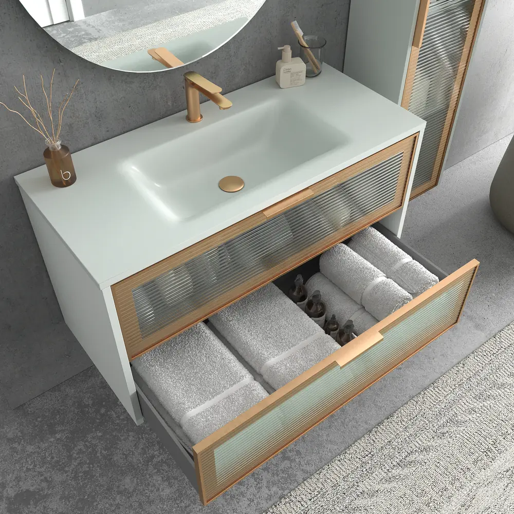 Mueble de baño suspendido 2 cajones frente cristal acanalado BETA con lavabo Solid Surface GRIS - Imagen 4