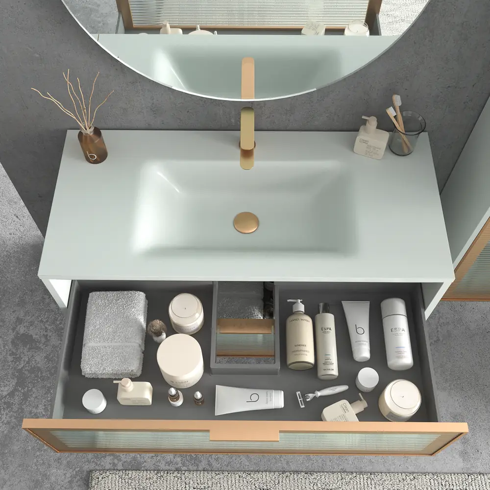 Mueble de baño suspendido 2 cajones frente cristal acanalado BETA con lavabo Solid Surface GRIS - Imagen 2