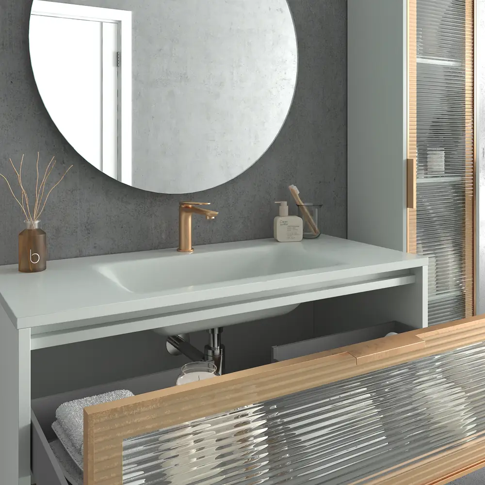 Mueble de baño suspendido 2 cajones frente cristal acanalado BETA con lavabo Solid Surface GRIS - Imagen 3