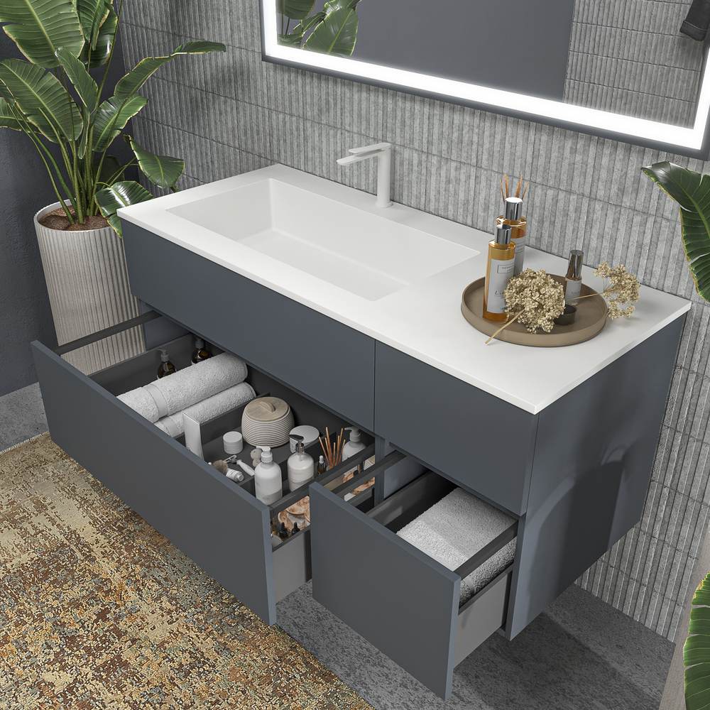 Mueble de baño DUNE suspendido 4 cajones con encimera SOLID SURFACE 2 senos Gris Grafito - Imagen 6
