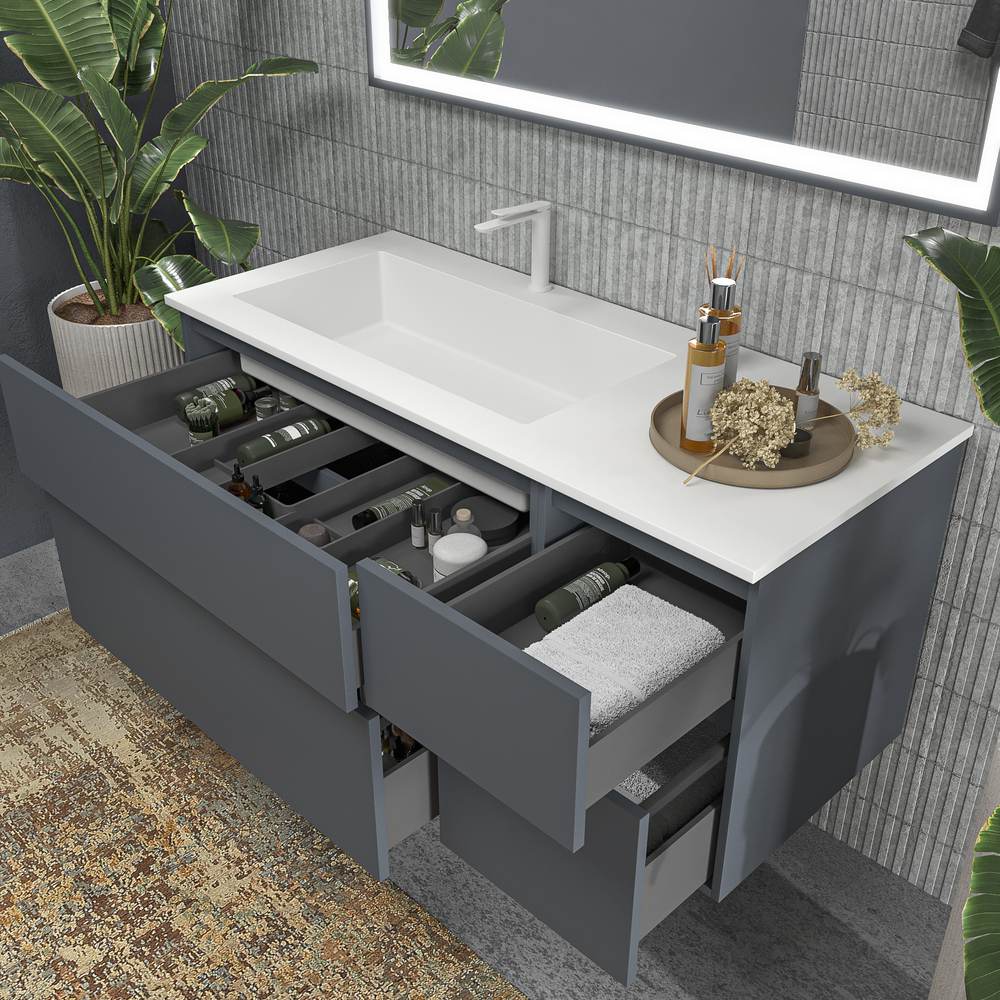 Mueble de baño DUNE suspendido 4 cajones con encimera SOLID SURFACE 2 senos Gris Grafito - Imagen 5