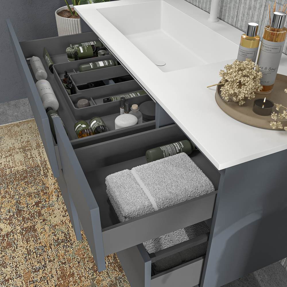 Mueble de baño DUNE suspendido 4 cajones con encimera SOLID SURFACE 2 senos Gris Grafito - Imagen 4