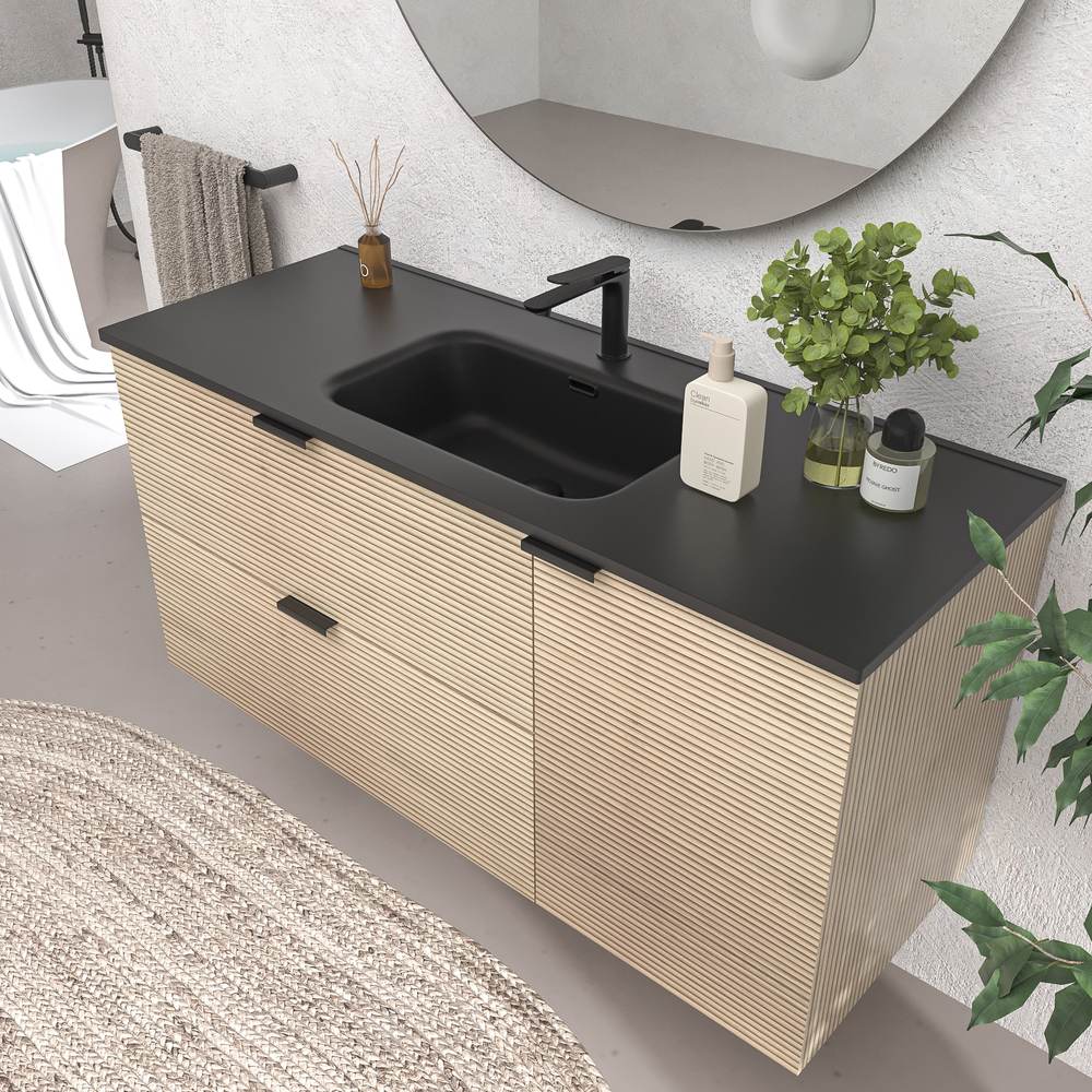 Mueble de baño suspendido 2 cajones / 1 puerta VITO ALCATRAZ con lavabo porcelana NEGRO - Imagen 4