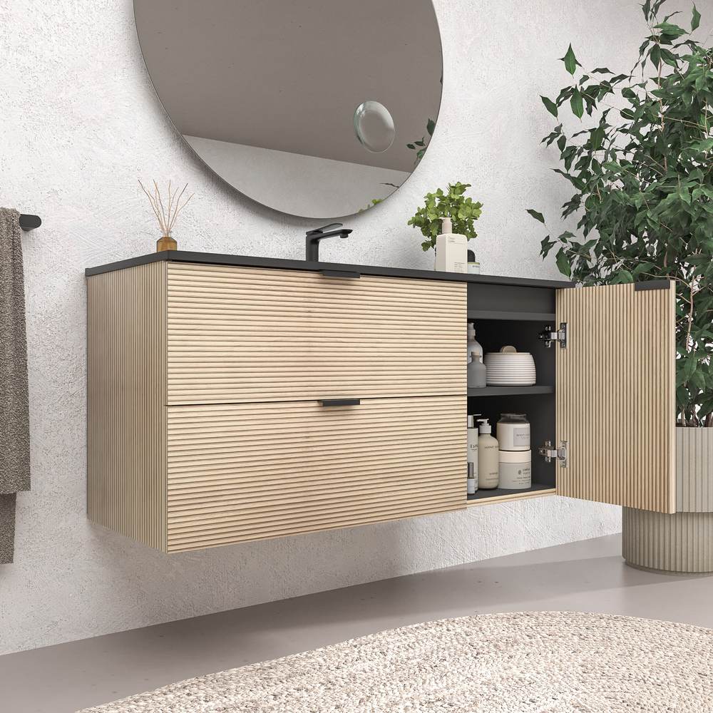 Mueble de baño suspendido 2 cajones / 1 puerta VITO ALCATRAZ con lavabo porcelana NEGRO - Imagen 3