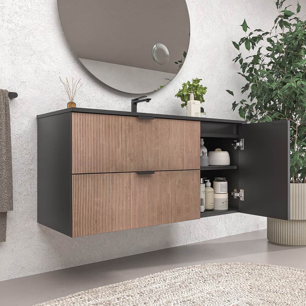 Mueble de baño suspendido 2 cajones / 1 puerta VITO bicolor BASTILLA/NEGRO con lavabo porcelana NEGRO - Imagen 5