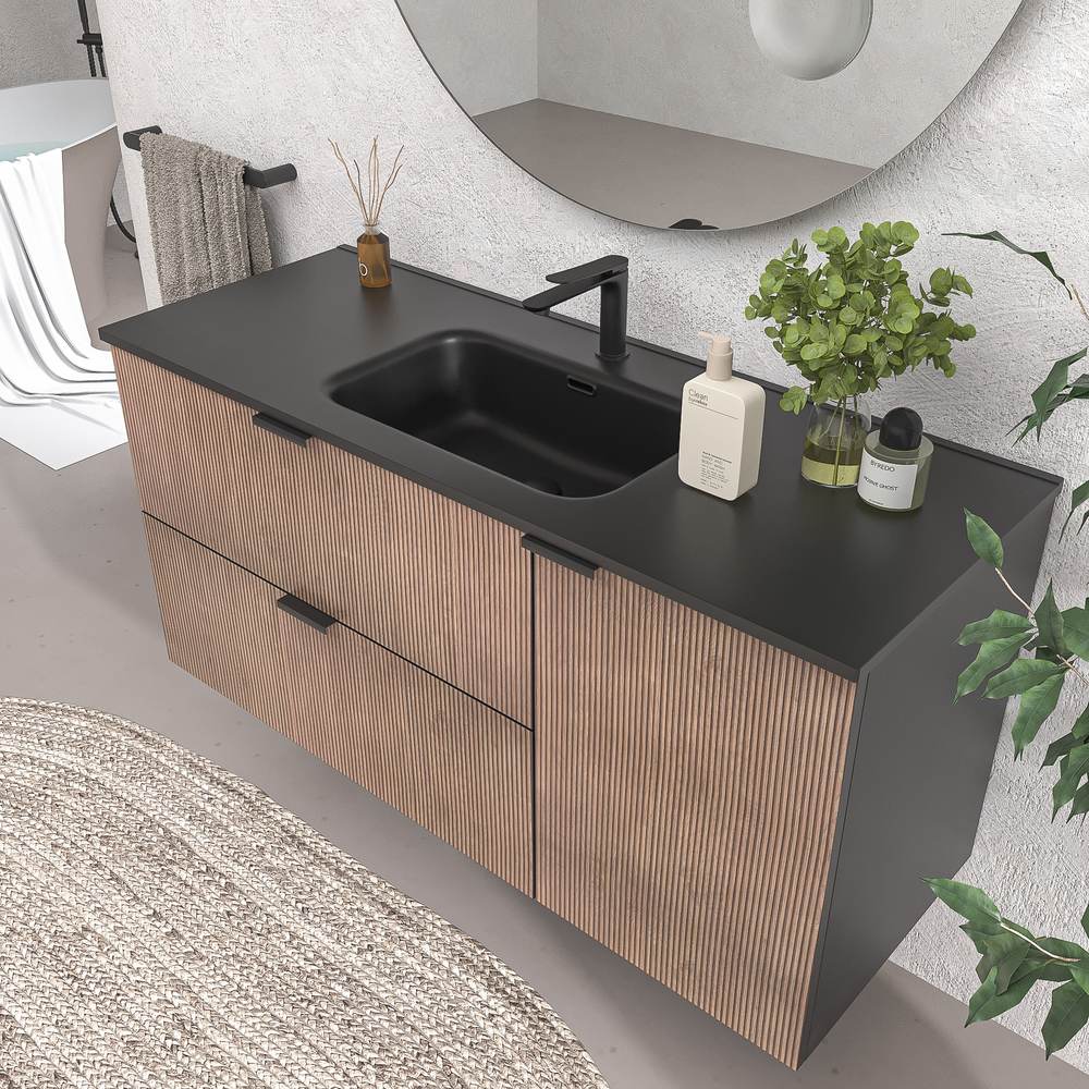 Mueble de baño suspendido 2 cajones / 1 puerta VITO bicolor BASTILLA/NEGRO con lavabo porcelana NEGRO - Imagen 2